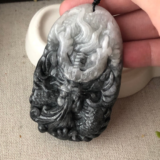 70mm Jadeite Jade Wuji Grey Carved Dragon Pendant