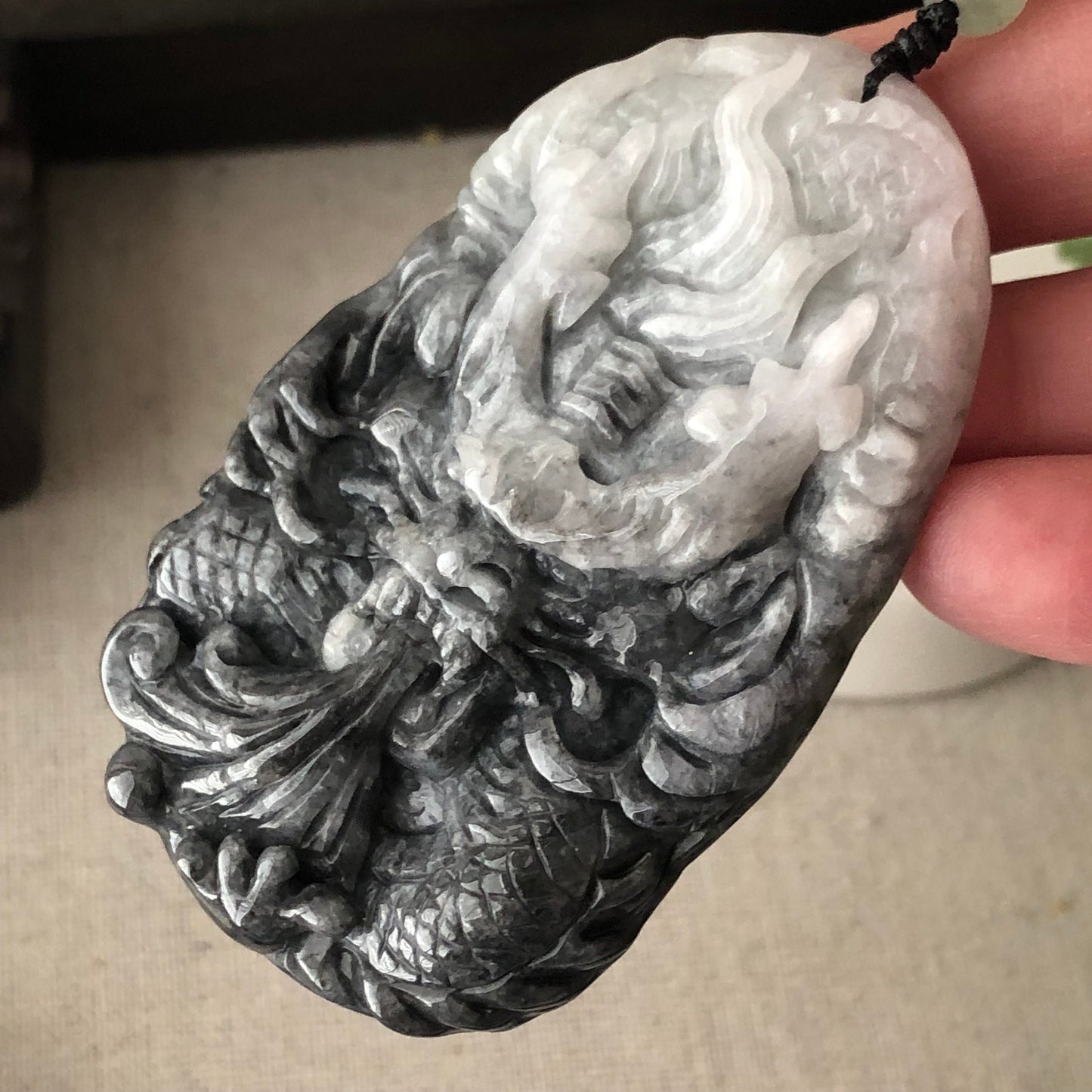 70mm Jadeite Jade Wuji Grey Carved Dragon Pendant