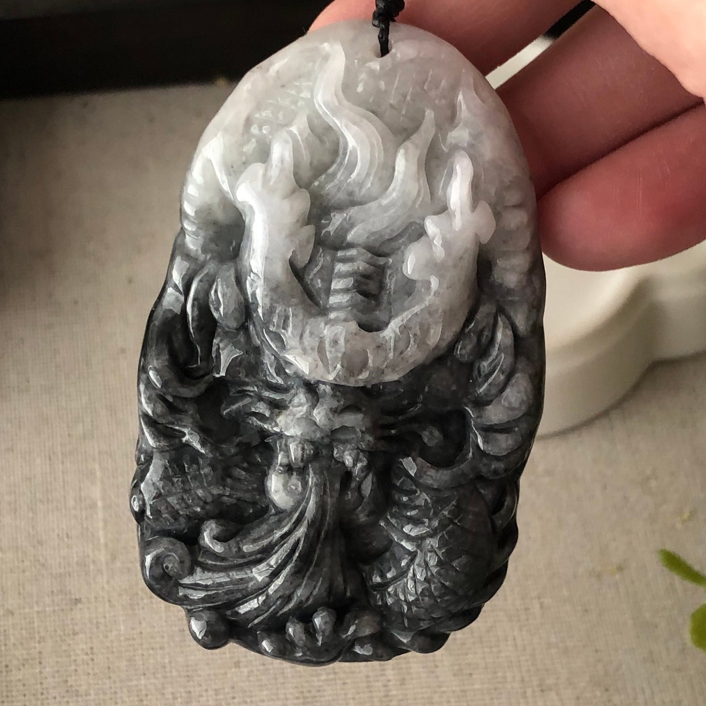 70mm Jadeite Jade Wuji Grey Carved Dragon Pendant