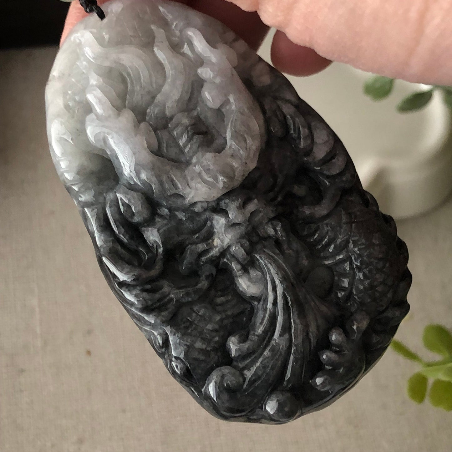 70mm Jadeite Jade Wuji Grey Carved Dragon Pendant