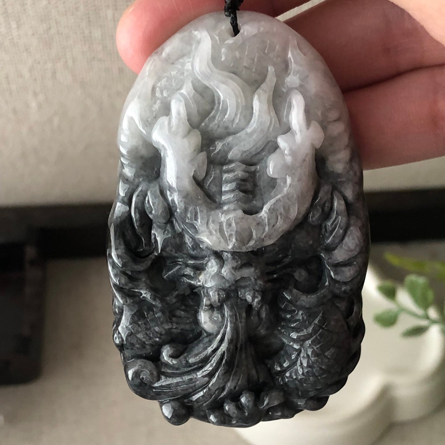 70mm Jadeite Jade Wuji Grey Carved Dragon Pendant