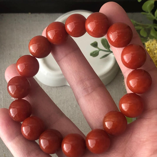 12.5mm RARE Red Brown Icy Glossy Jadeite Jade Bead Bracelet