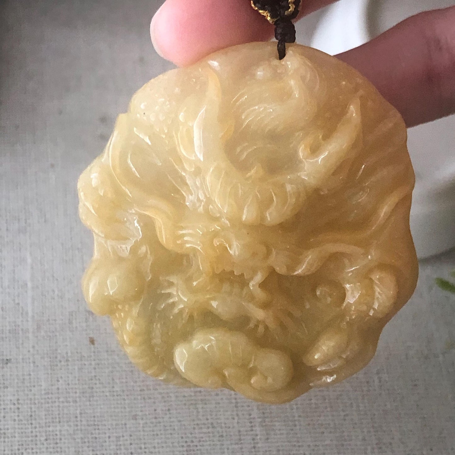 50mm Yellow Brown Jadeite Jade Carved Dragon Pendant