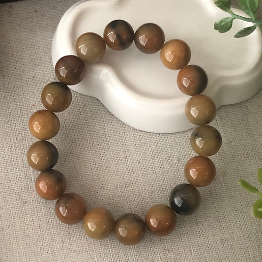 12mm Asst Yellow Brown Gradient Glossy Jadeite Jade Bead Bracelet