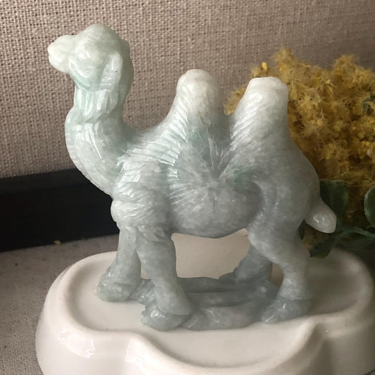 75mm Light Green Jadeite Jade Carved Camel Statue Display