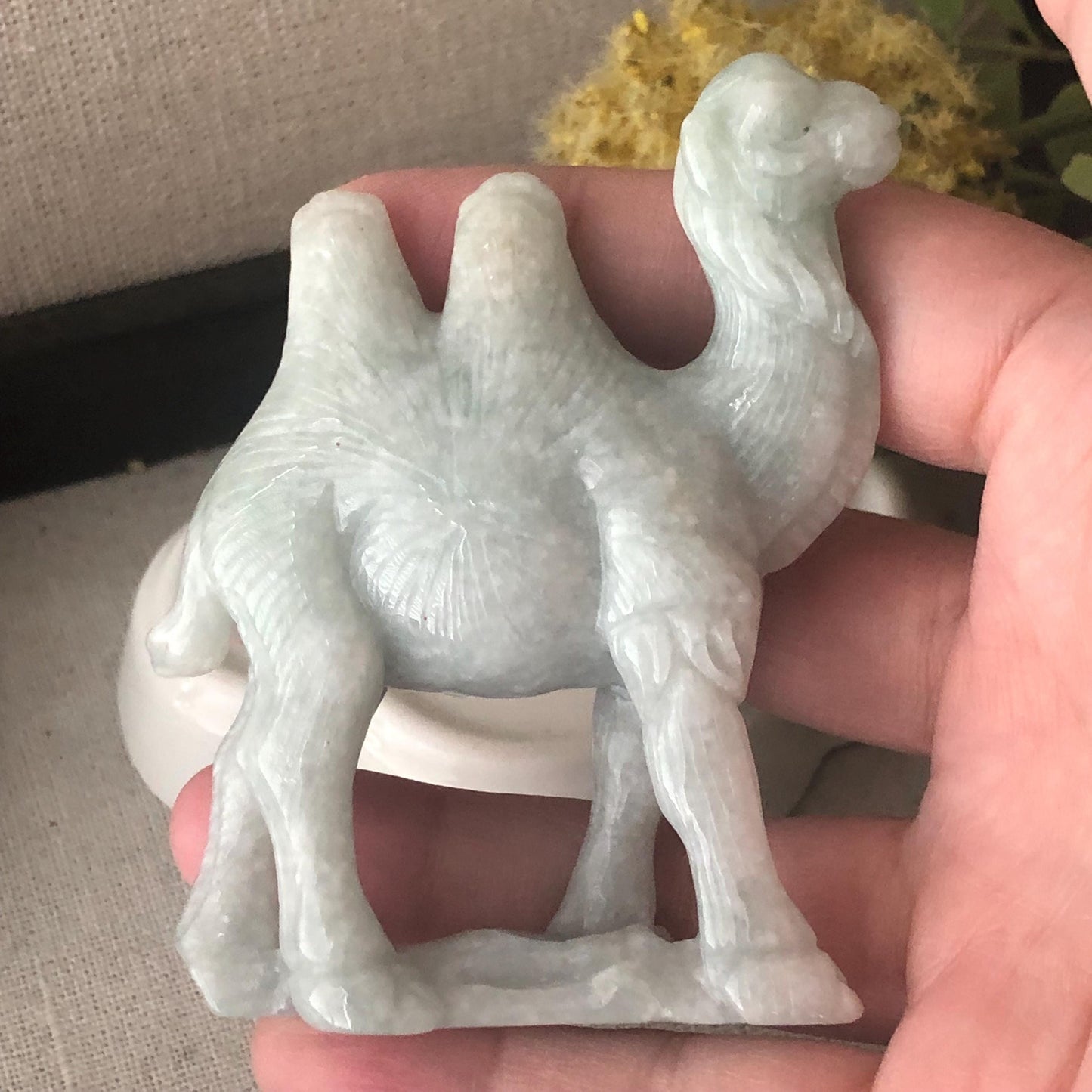75mm Light Green Jadeite Jade Carved Camel Statue Display