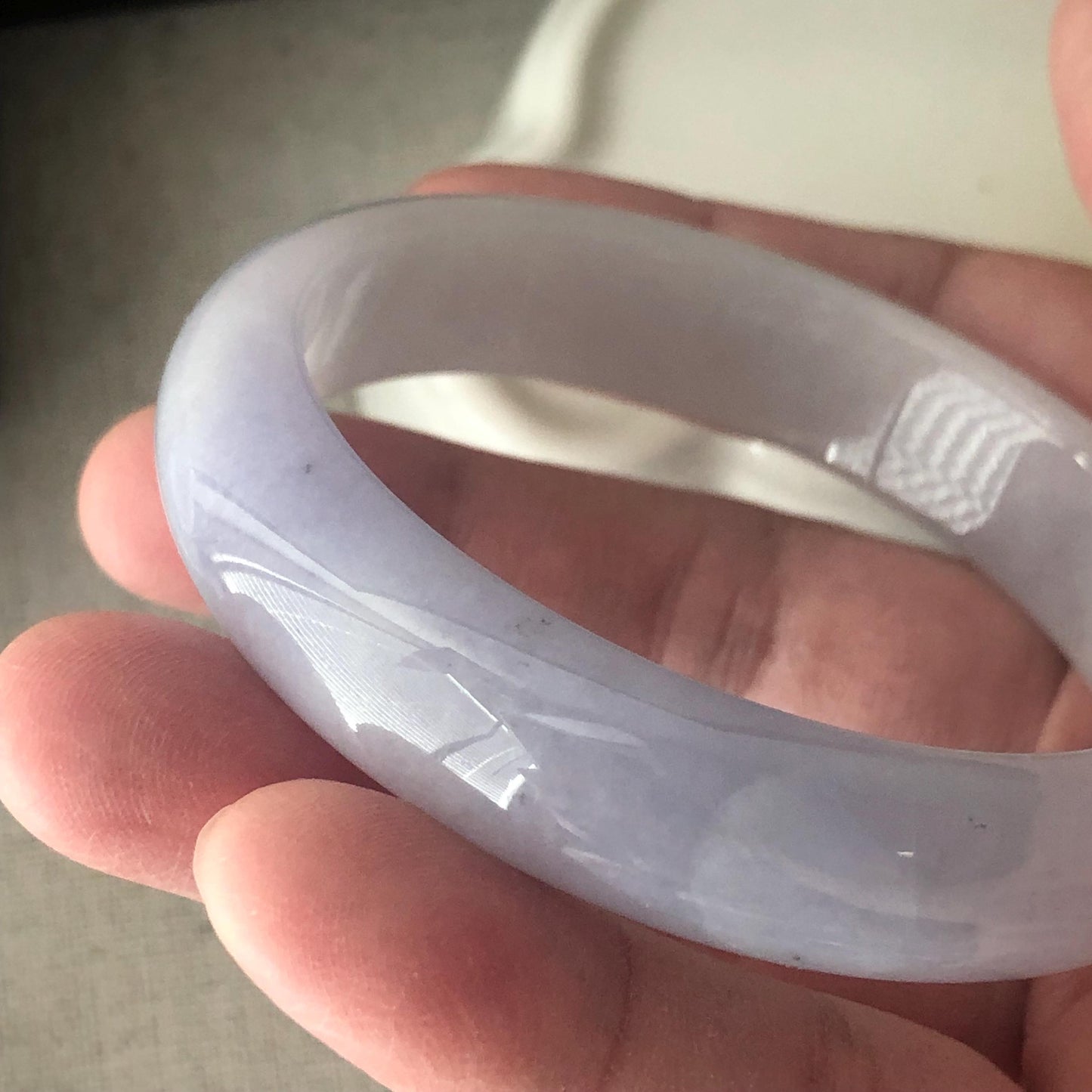 55.5 mm Icy Light Lavender Wuji Float Flowers Jadeite Jade D-Shaped Bangle