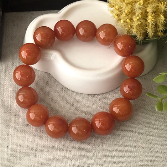 13.8-14.3mm Icy Glossy Natural Red Brown Jadeite Jade Round Bead Bracelet RARE