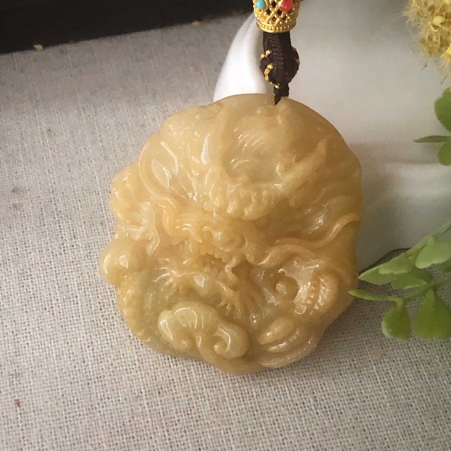 50mm Yellow Brown Jadeite Jade Carved Dragon Pendant