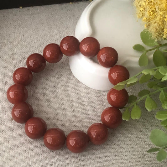 12.8mm Natural Red Brown Jadeite Jade Round Bead Bracelet