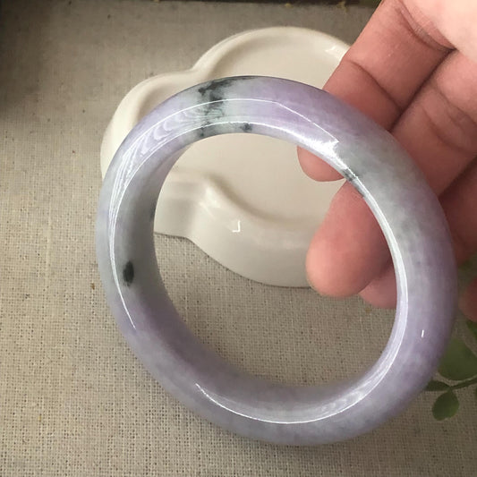 57.4mm Jadeite Jade Light Lavender Green Float Flowers D shaped Bangle