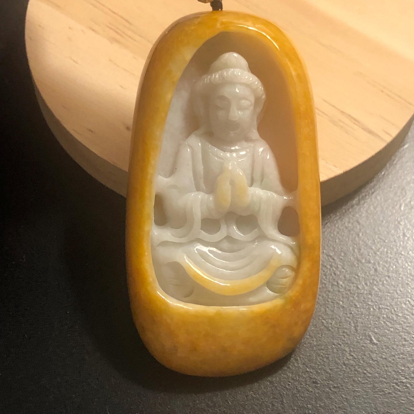 73.6 mm Yellow Brown Jade  Jadeite Guanyin Pendant