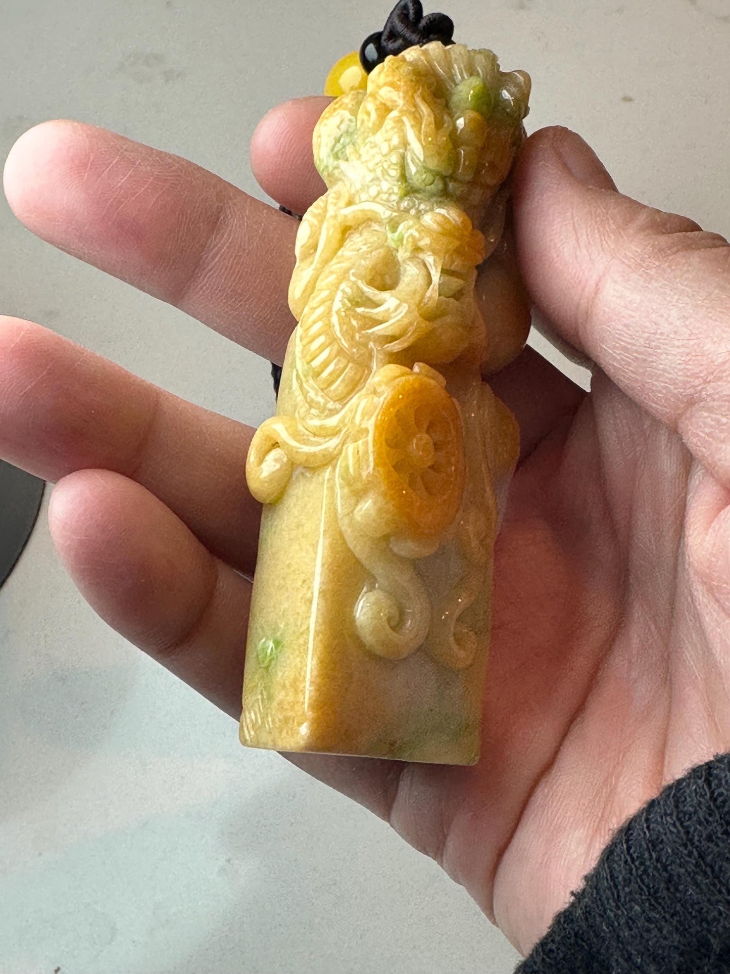 82mm Yellow Green Jadeite Jade Carved Dragon Landscape Statue Display Stamp