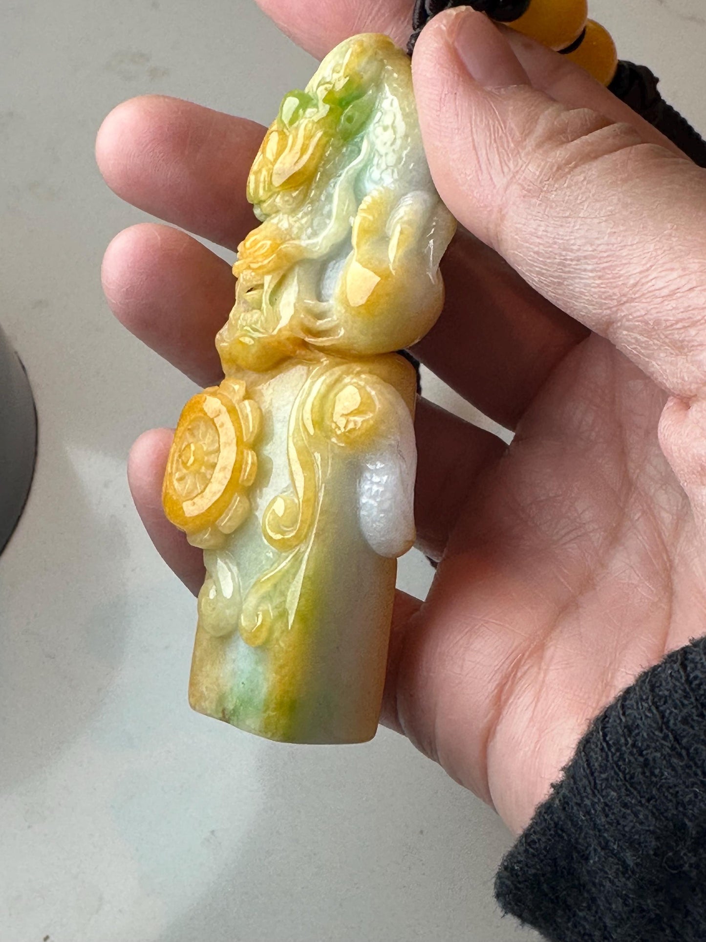 82mm Yellow Green Jadeite Jade Carved Dragon Landscape Statue Display Stamp