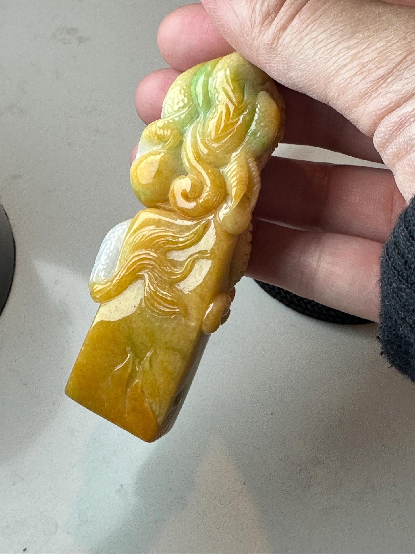 82mm Yellow Green Jadeite Jade Carved Dragon Landscape Statue Display Stamp