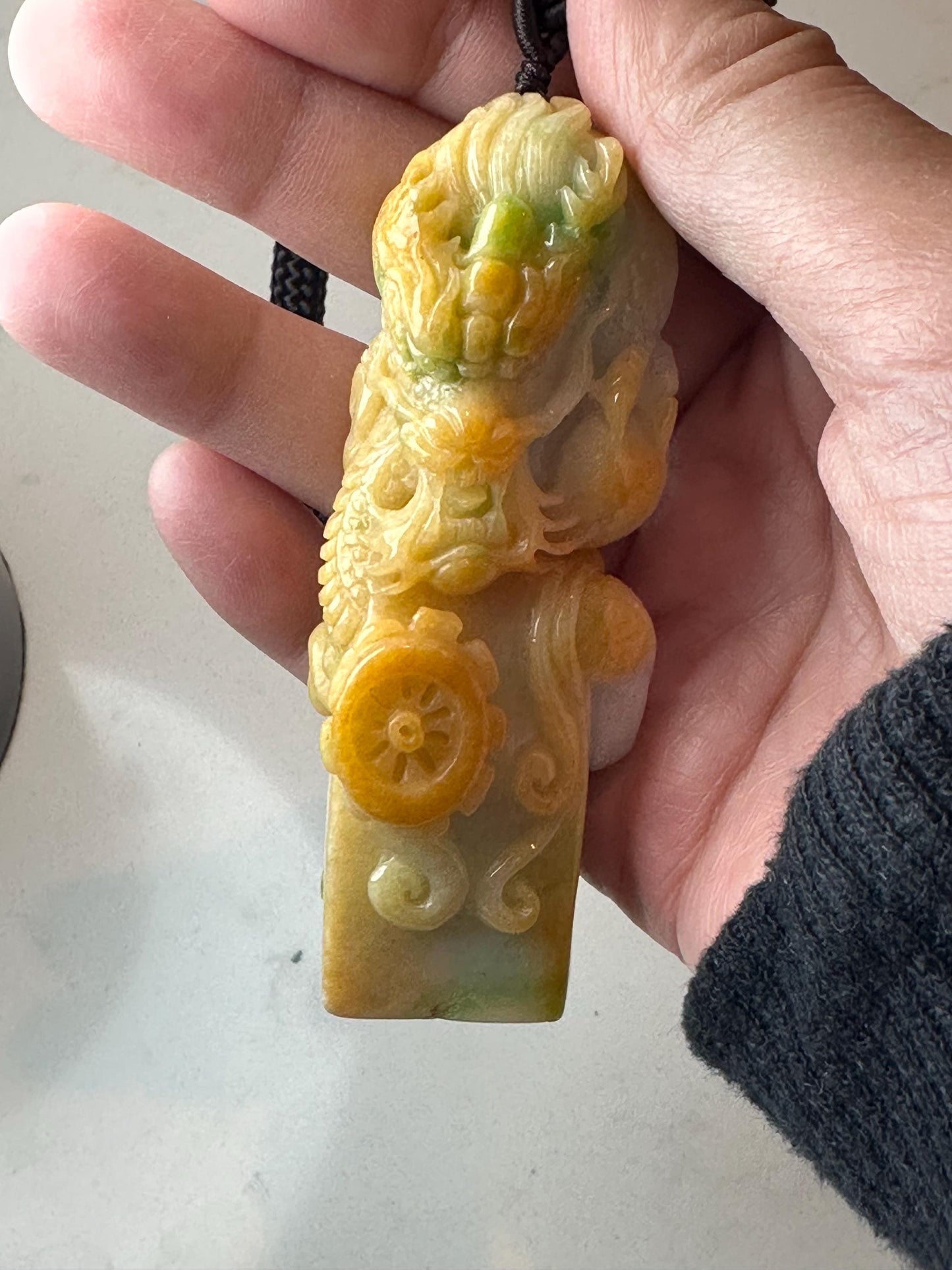 82mm Yellow Green Jadeite Jade Carved Dragon Landscape Statue Display Stamp