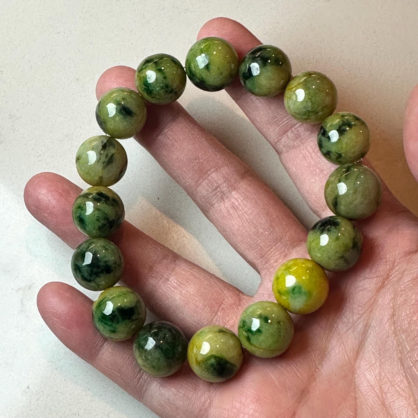 13.6mm Glossy Yellow Green Float Flowers Jadeite Jade Round Bead Bracelet RARE