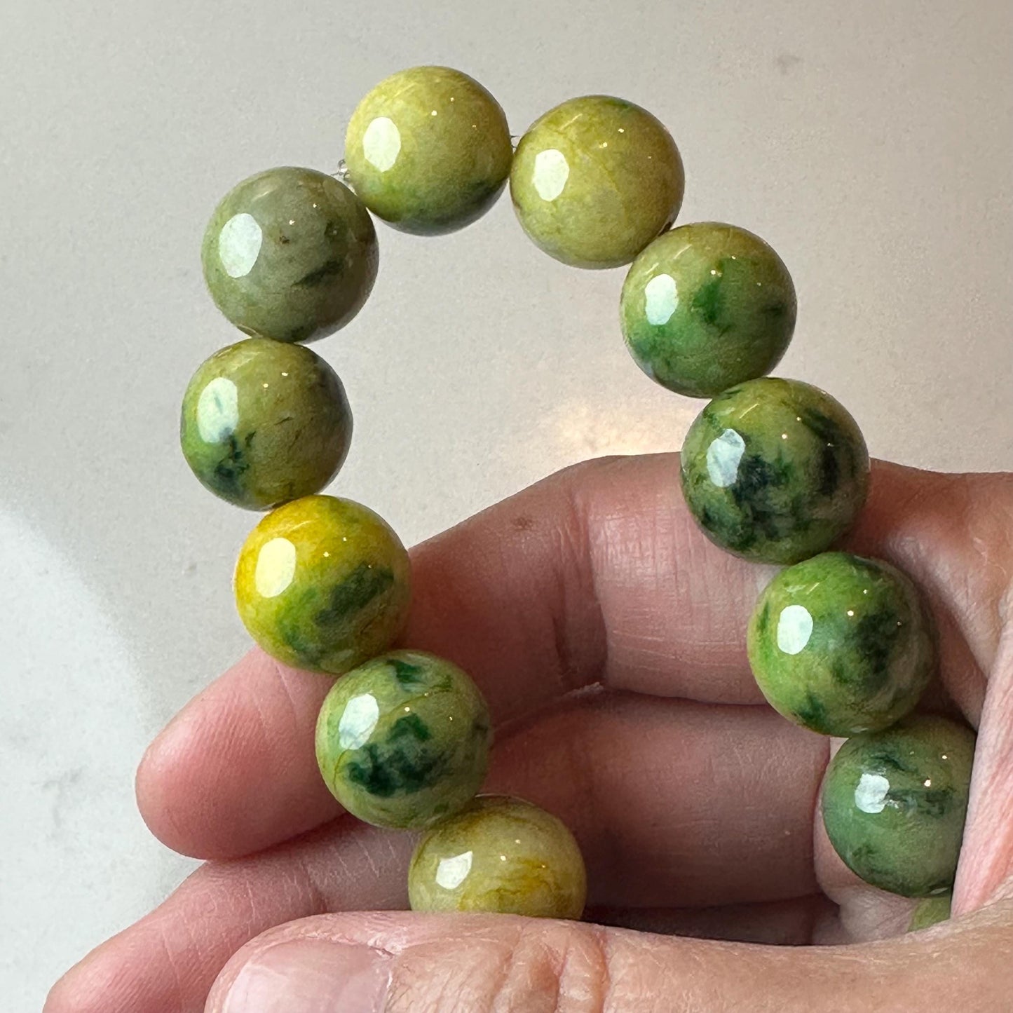 13.6mm Glossy Yellow Green Float Flowers Jadeite Jade Round Bead Bracelet RARE