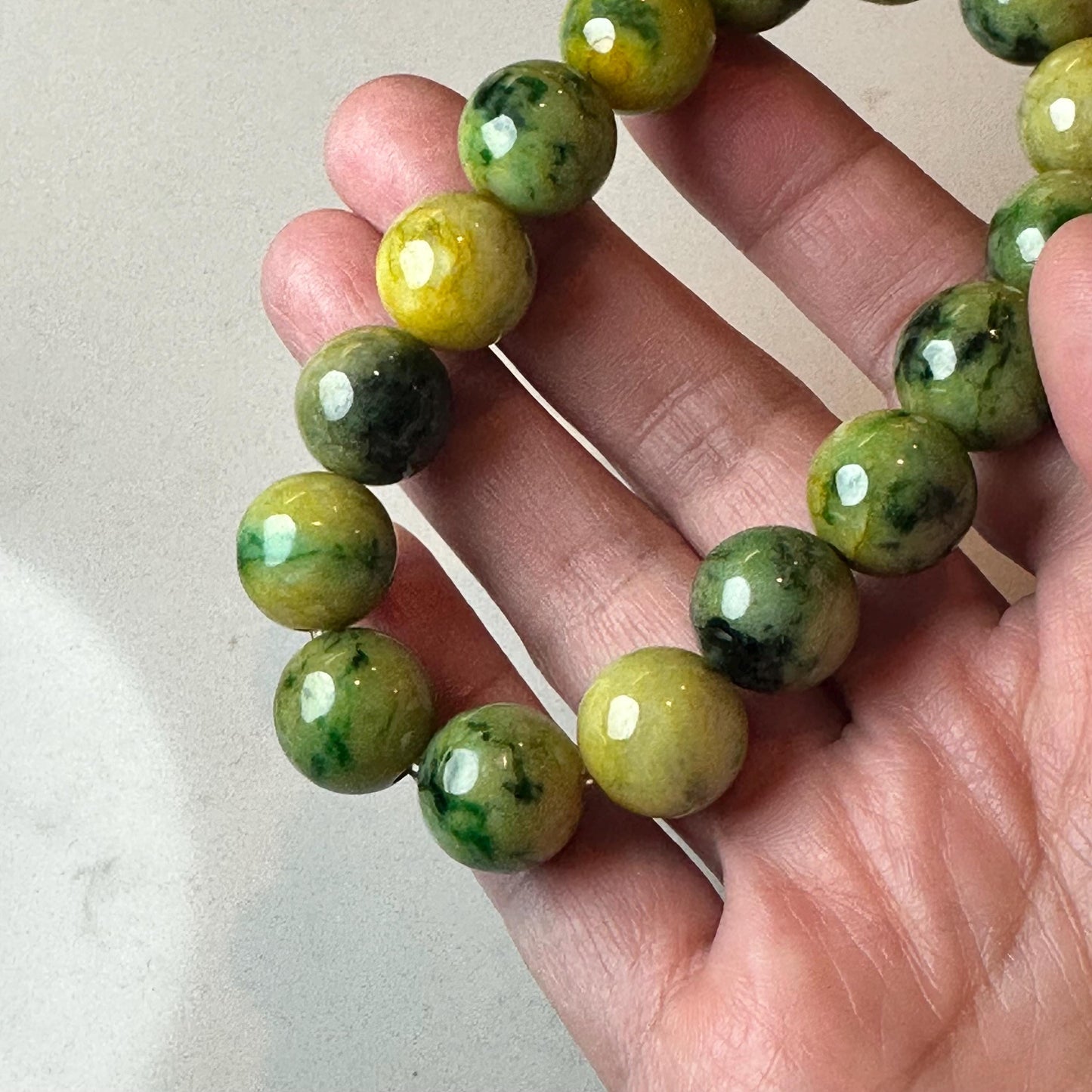 13.6mm Glossy Yellow Green Float Flowers Jadeite Jade Round Bead Bracelet RARE