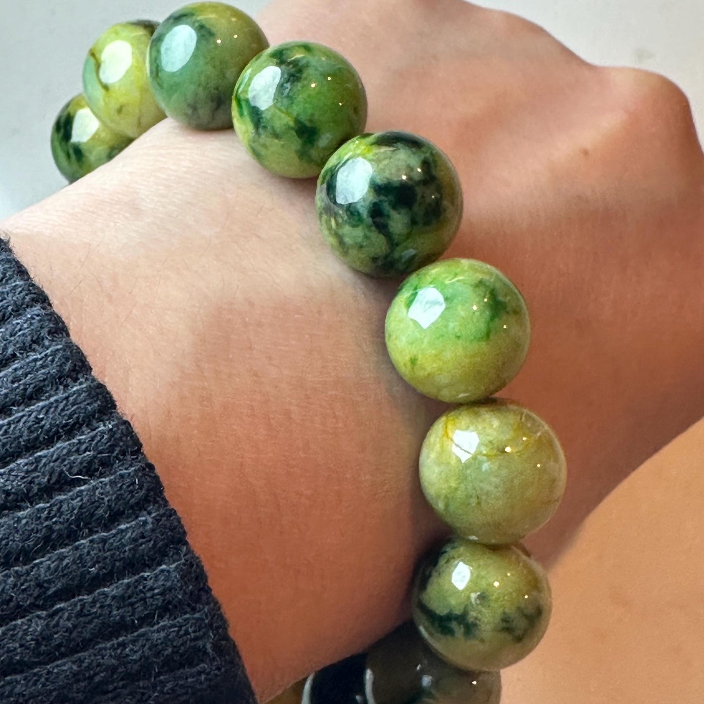 13.6mm Glossy Yellow Green Float Flowers Jadeite Jade Round Bead Bracelet RARE