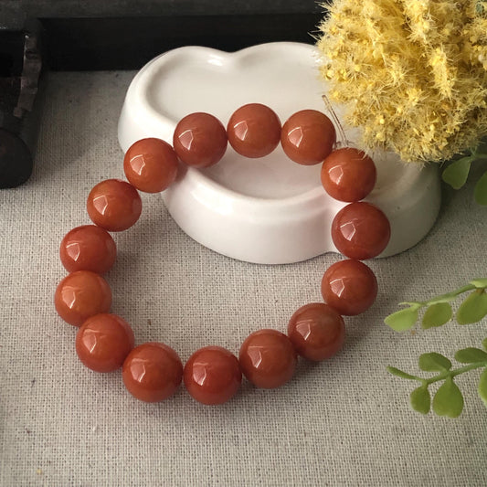 13.8-14.3mm Icy Glossy Natural Red Brown Jadeite Jade Round Bead Bracelet RARE