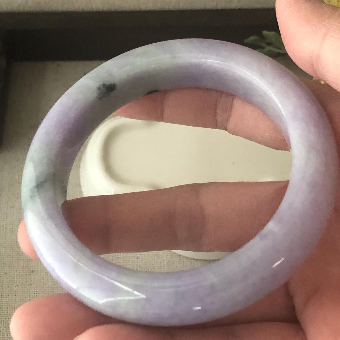 57.5 mm Lavender Green Float Flowers Jadeite Jade D shaped Bangle
