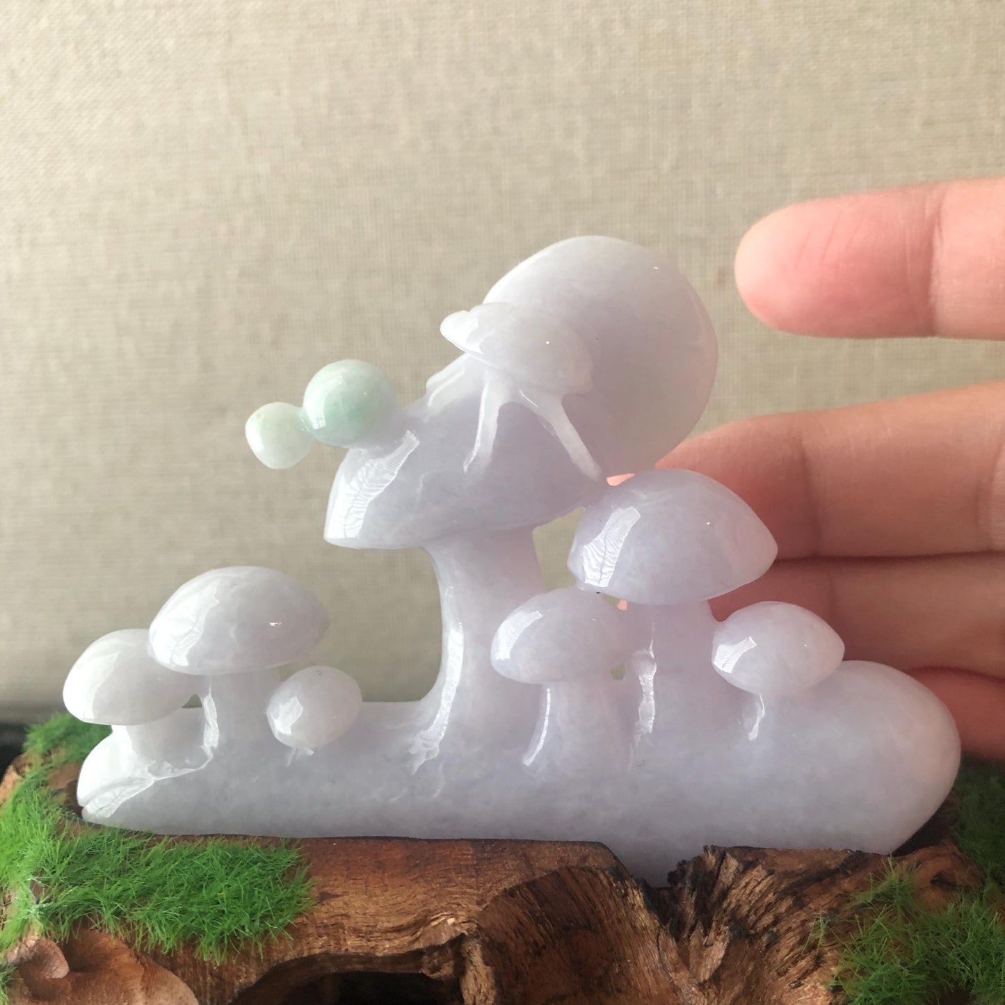 90mm Light Lavender Jadeite Jade Carved mushroom ladybug Statue Display