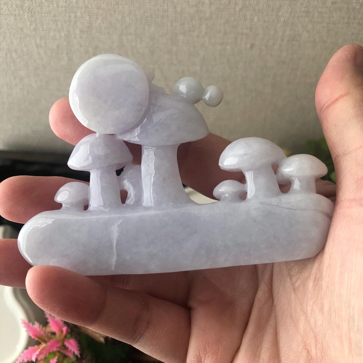 90mm Light Lavender Jadeite Jade Carved mushroom ladybug Statue Display