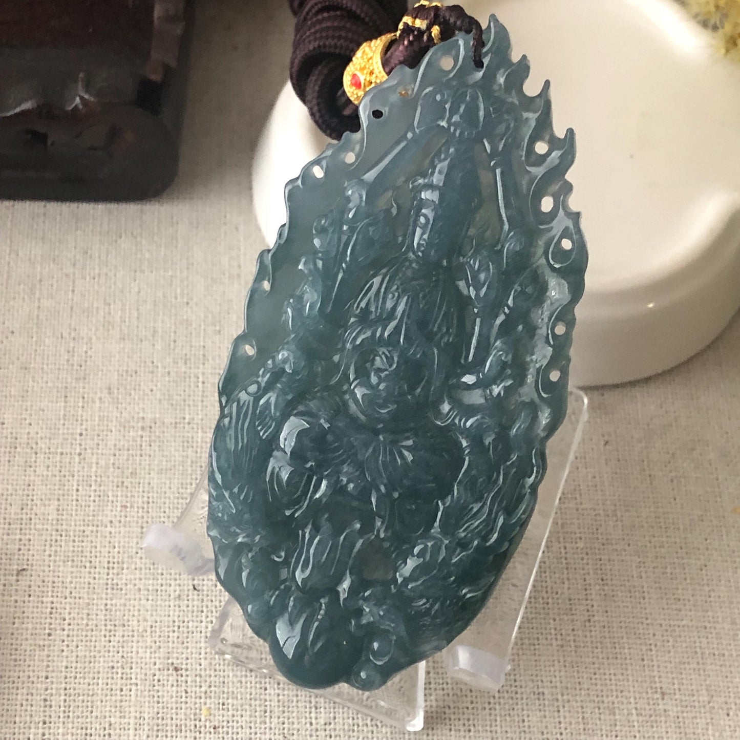 82 mm Icy Guatemalan Blue Green Jade Thousand Hands Guanyin Pendant