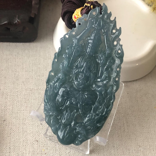 82 mm Icy Guatemalan Blue Green Jade Thousand Hands Guanyin Pendant
