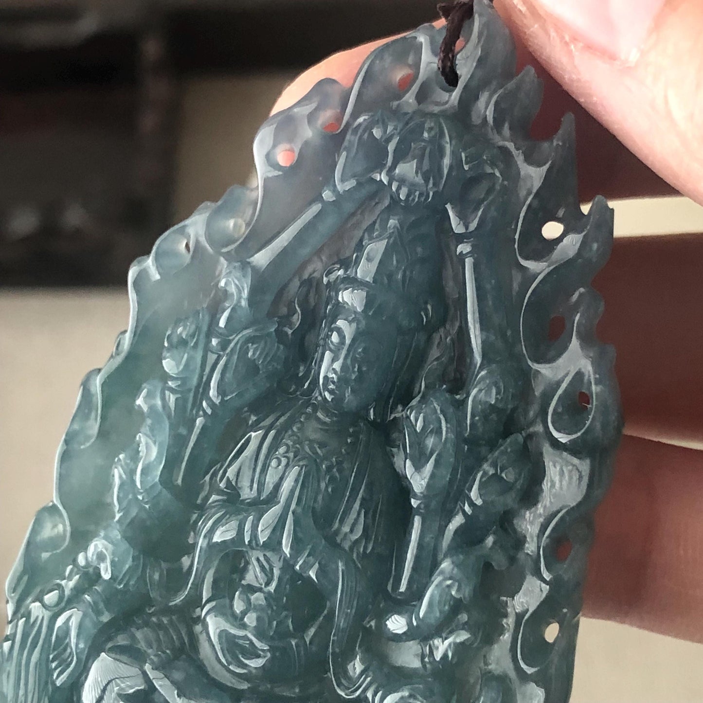82 mm Icy Guatemalan Blue Green Jade Thousand Hands Guanyin Pendant