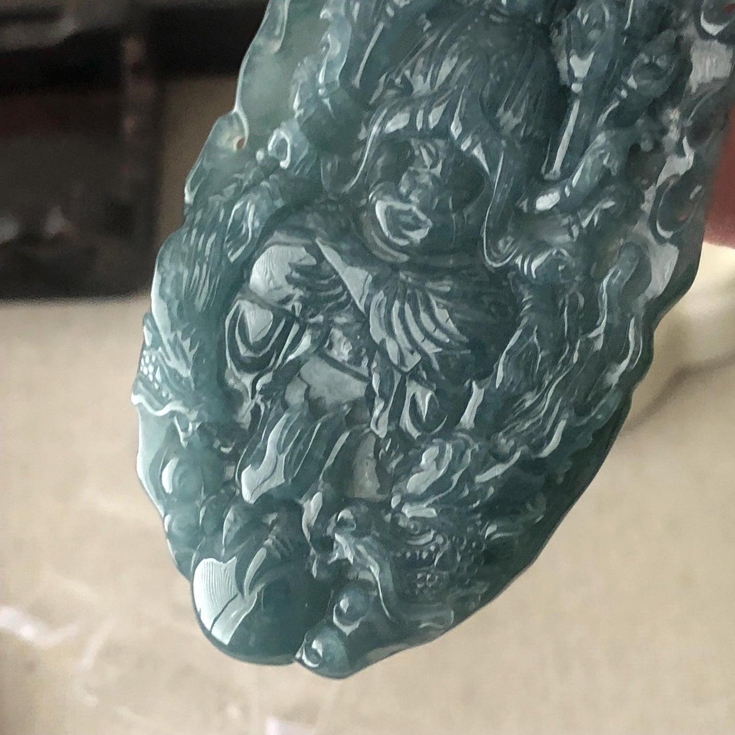 82 mm Icy Guatemalan Blue Green Jade Thousand Hands Guanyin Pendant
