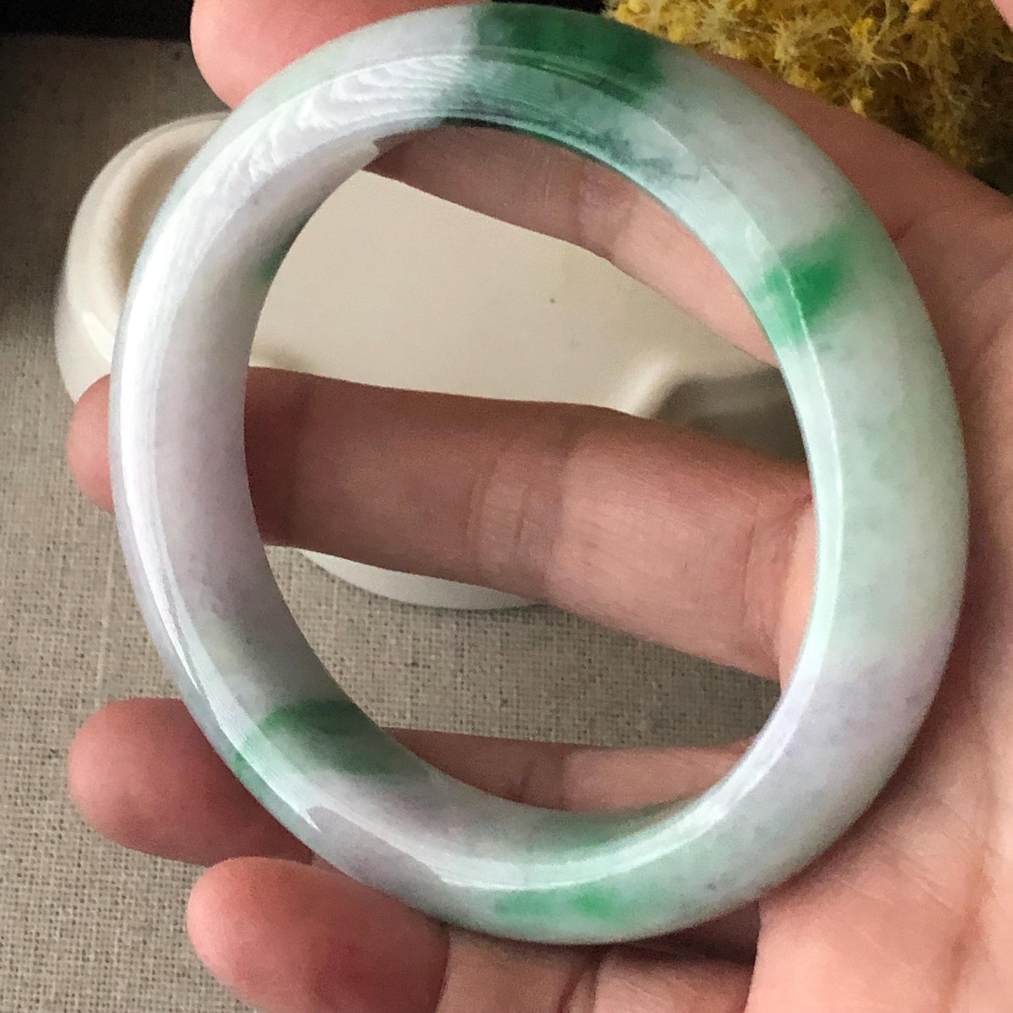 57 mm Icy Green Wuji Float Flowers Jadeite Jade D Shaped Bangle