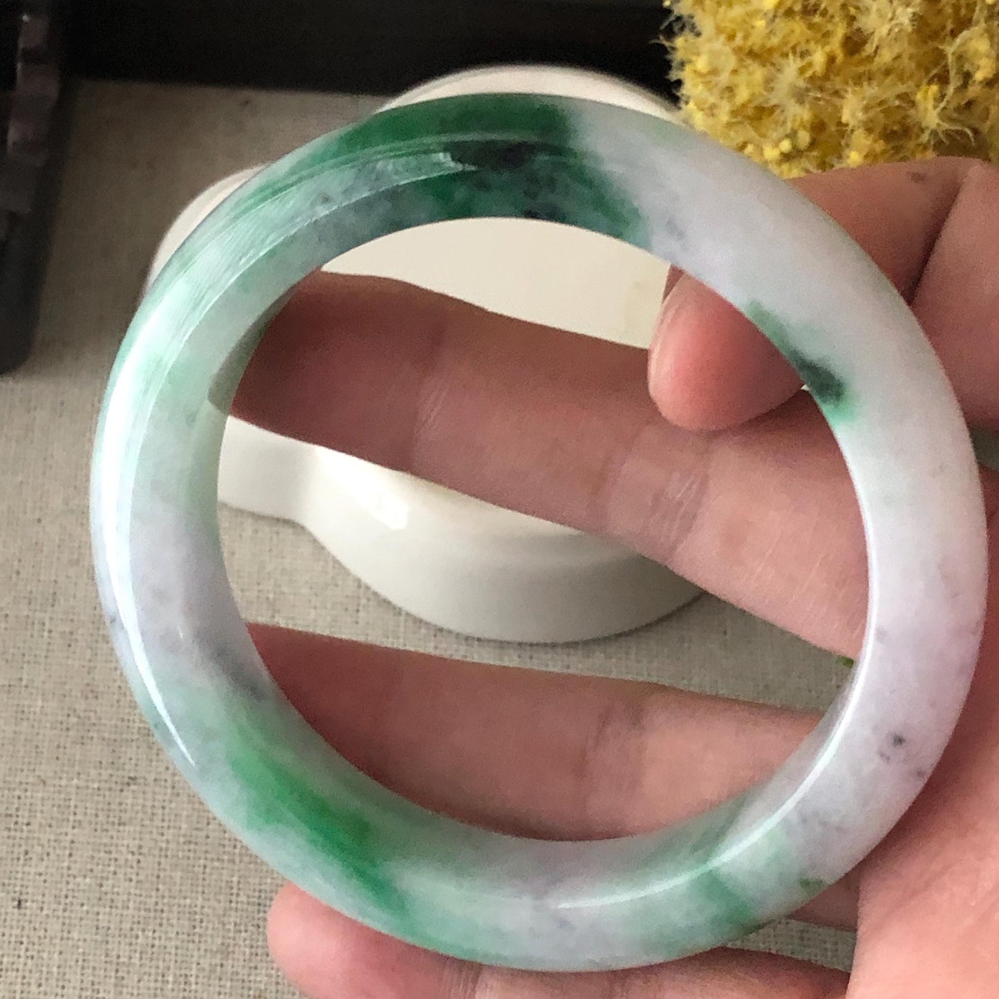 57 mm Icy Green Wuji Float Flowers Jadeite Jade D Shaped Bangle
