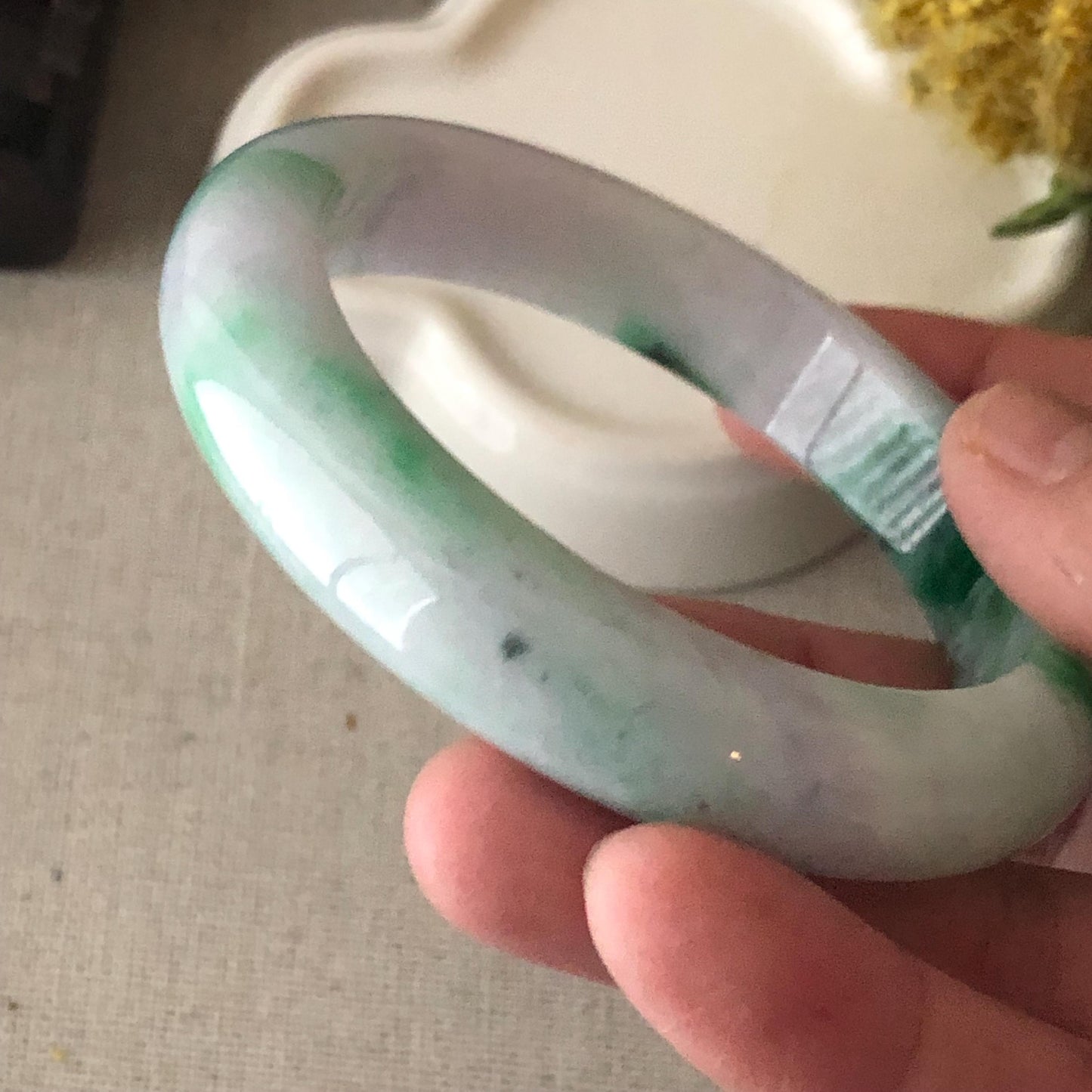 57 mm Icy Green Wuji Float Flowers Jadeite Jade D Shaped Bangle
