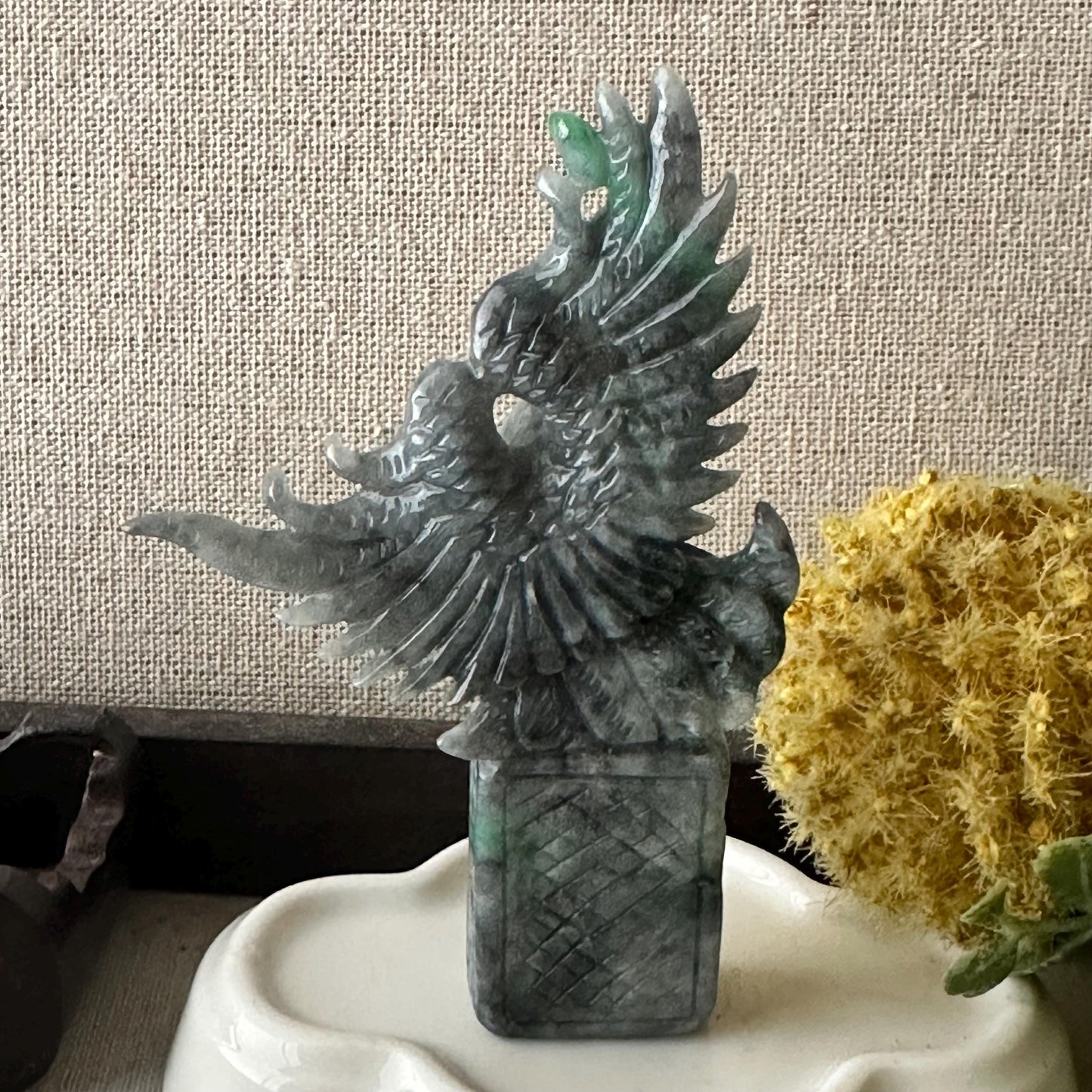 91.2mm Wuji Green Jadeite Jade Carved Eagle Wings Statue Display