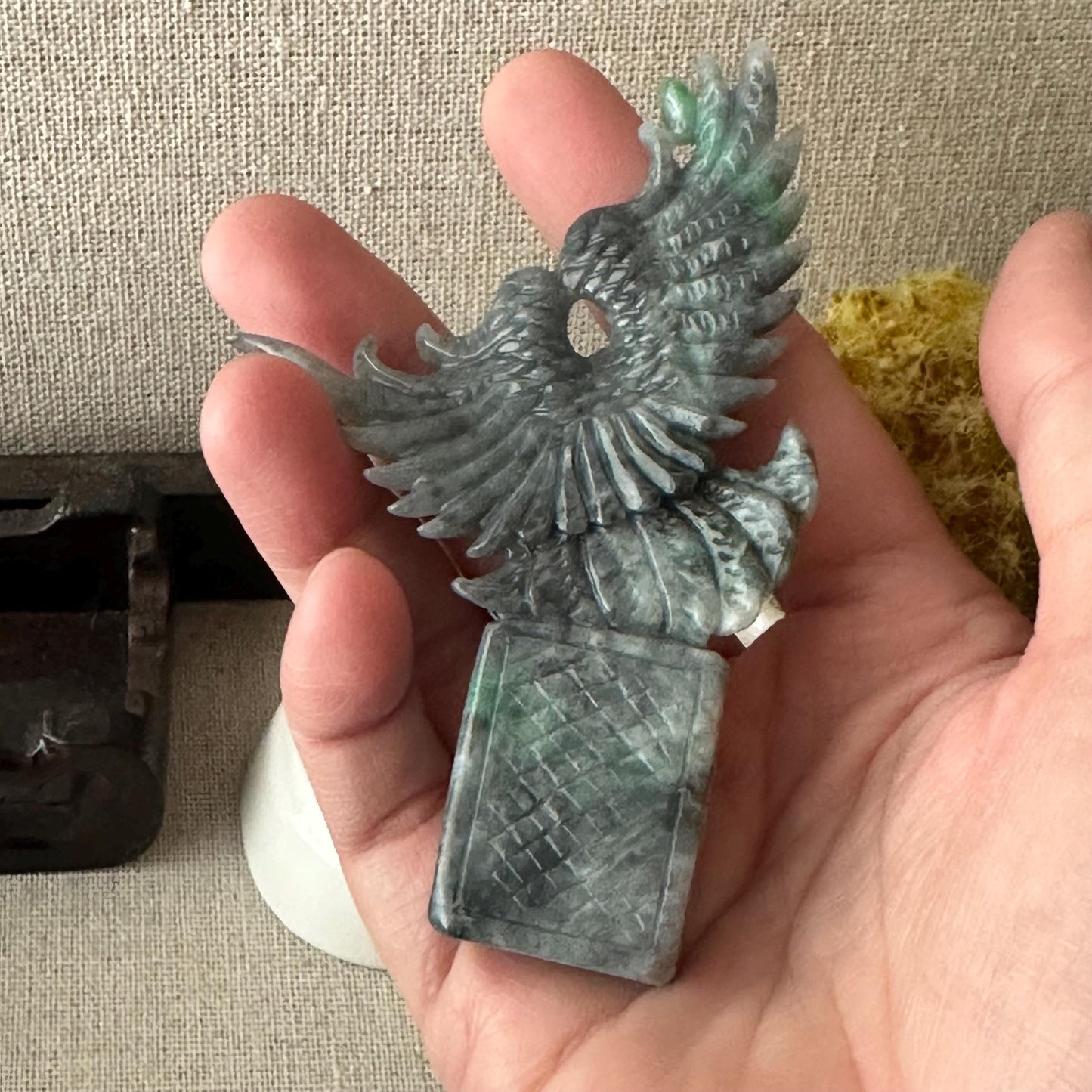 91.2mm Wuji Green Jadeite Jade Carved Eagle Wings Statue Display