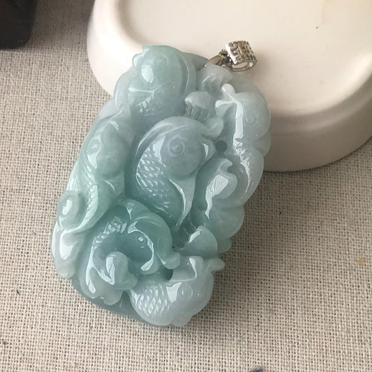 57.5mm Glossy Green Jadeite Jade Ruyi  Carved Fishes Pendant