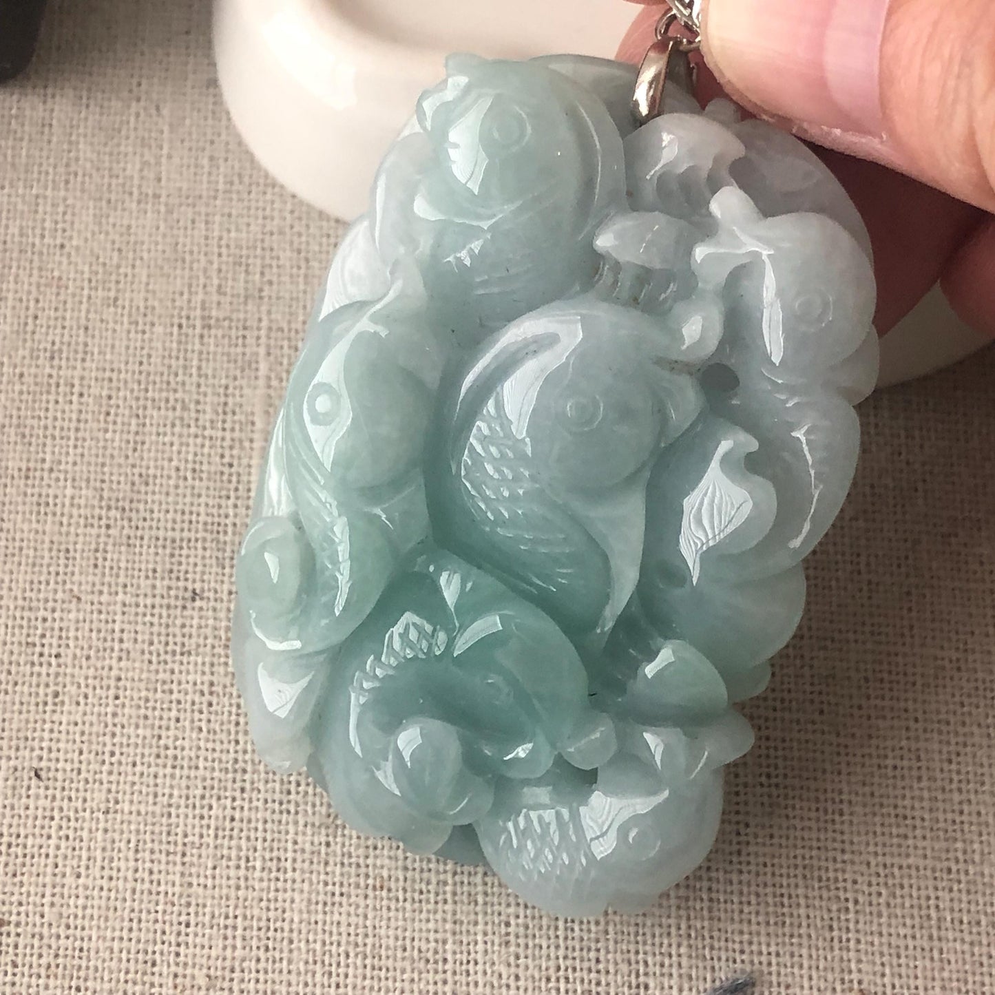 57.5mm Glossy Green Jadeite Jade Ruyi  Carved Fishes Pendant