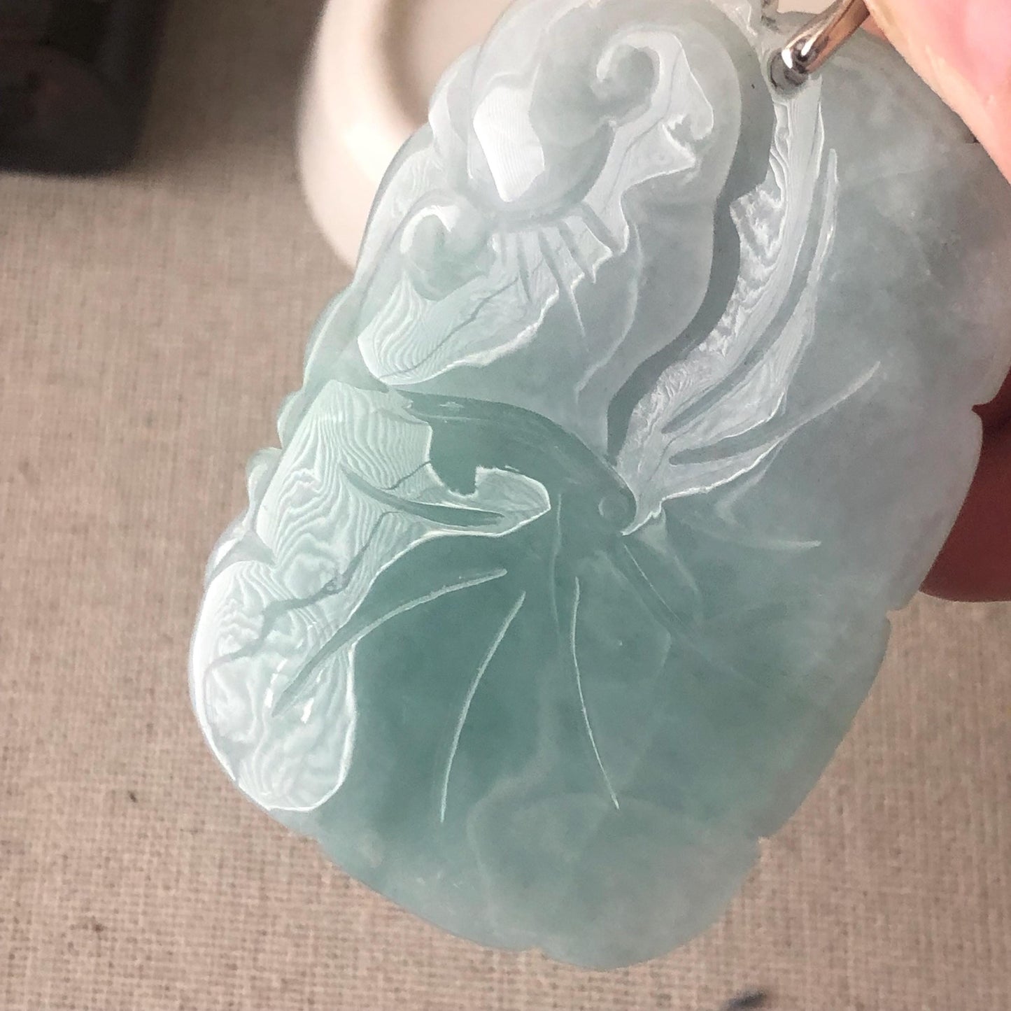 57.5mm Glossy Green Jadeite Jade Ruyi  Carved Fishes Pendant