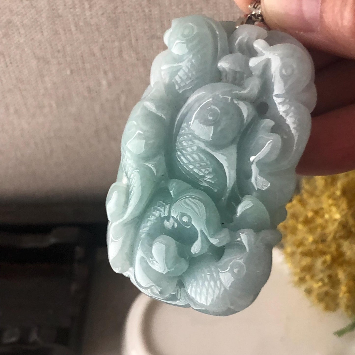 57.5mm Glossy Green Jadeite Jade Ruyi  Carved Fishes Pendant