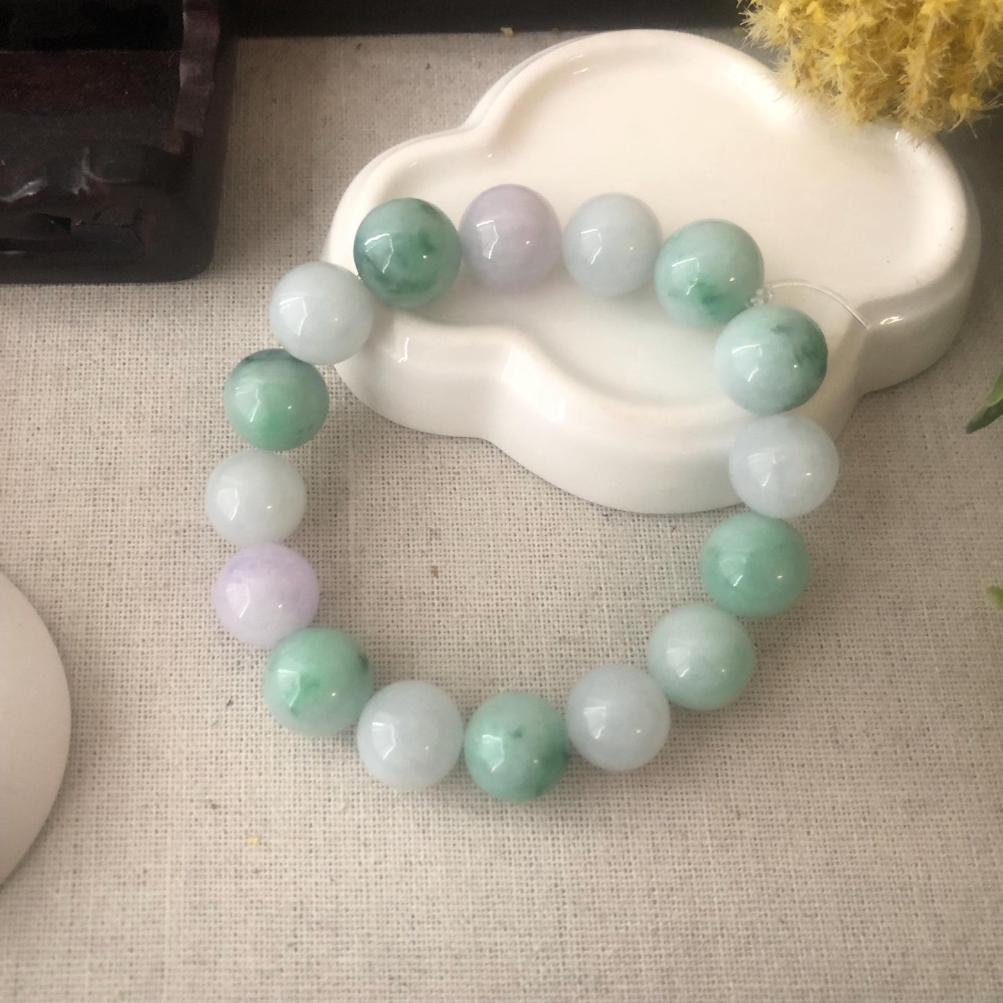 13 mm Icy Glossy Green and Lavender Jade Jadeite Bead Bracelet