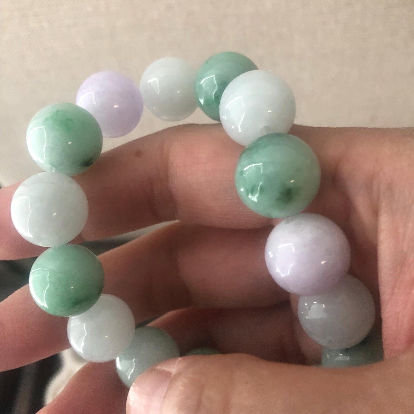 13 mm Icy Glossy Green and Lavender Jade Jadeite Bead Bracelet