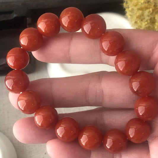12mm High Quality Glossy Natural Red  Jadeite Jade Round Bead Bracelet RARE