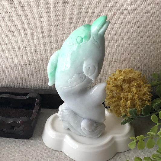 120mm Green Jadeite Jade Carved Dolphin Statue Display RARE