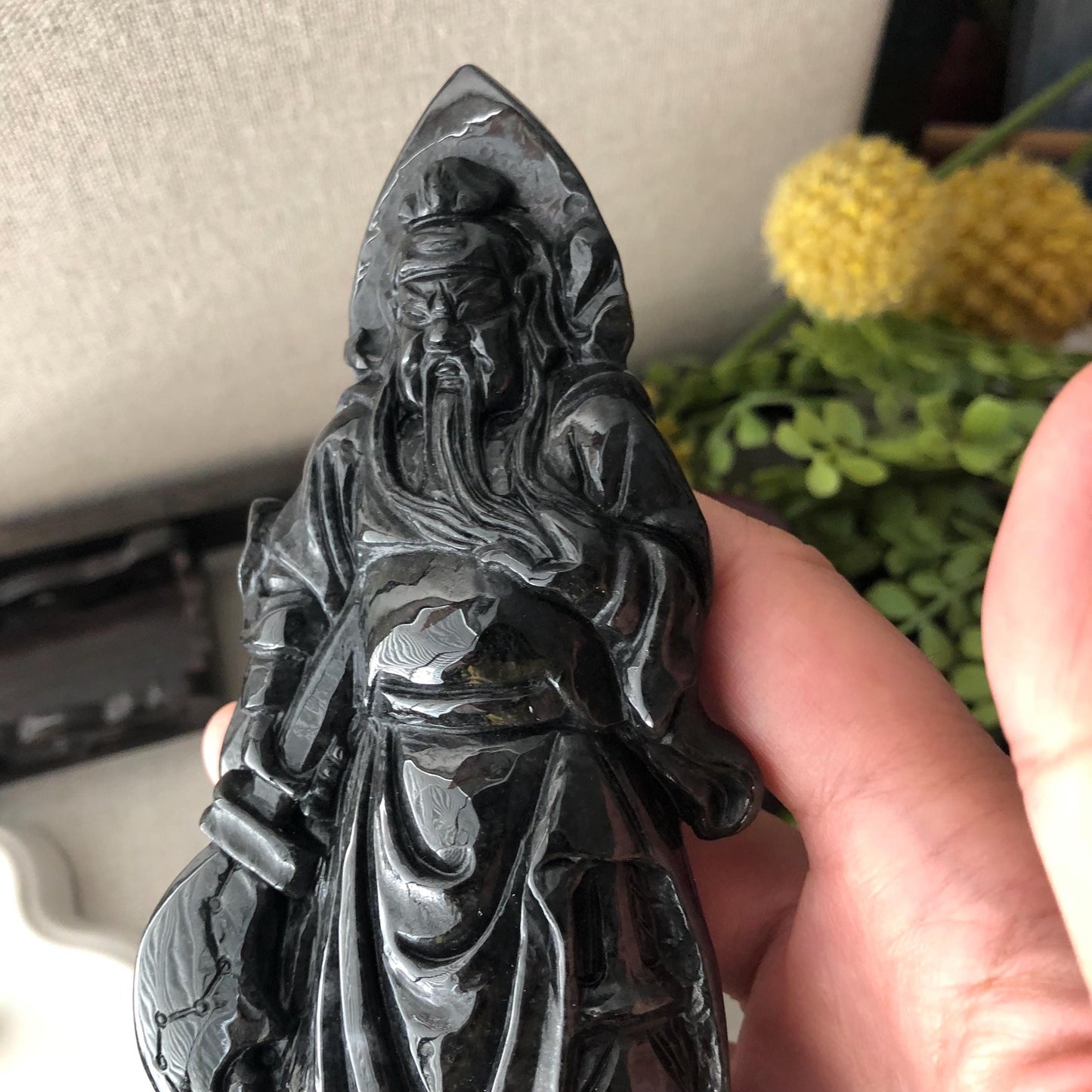 130mm Wuji Black Jadeite Jade Carved Guan Er Yeh 關二爺 Statue Display RARE