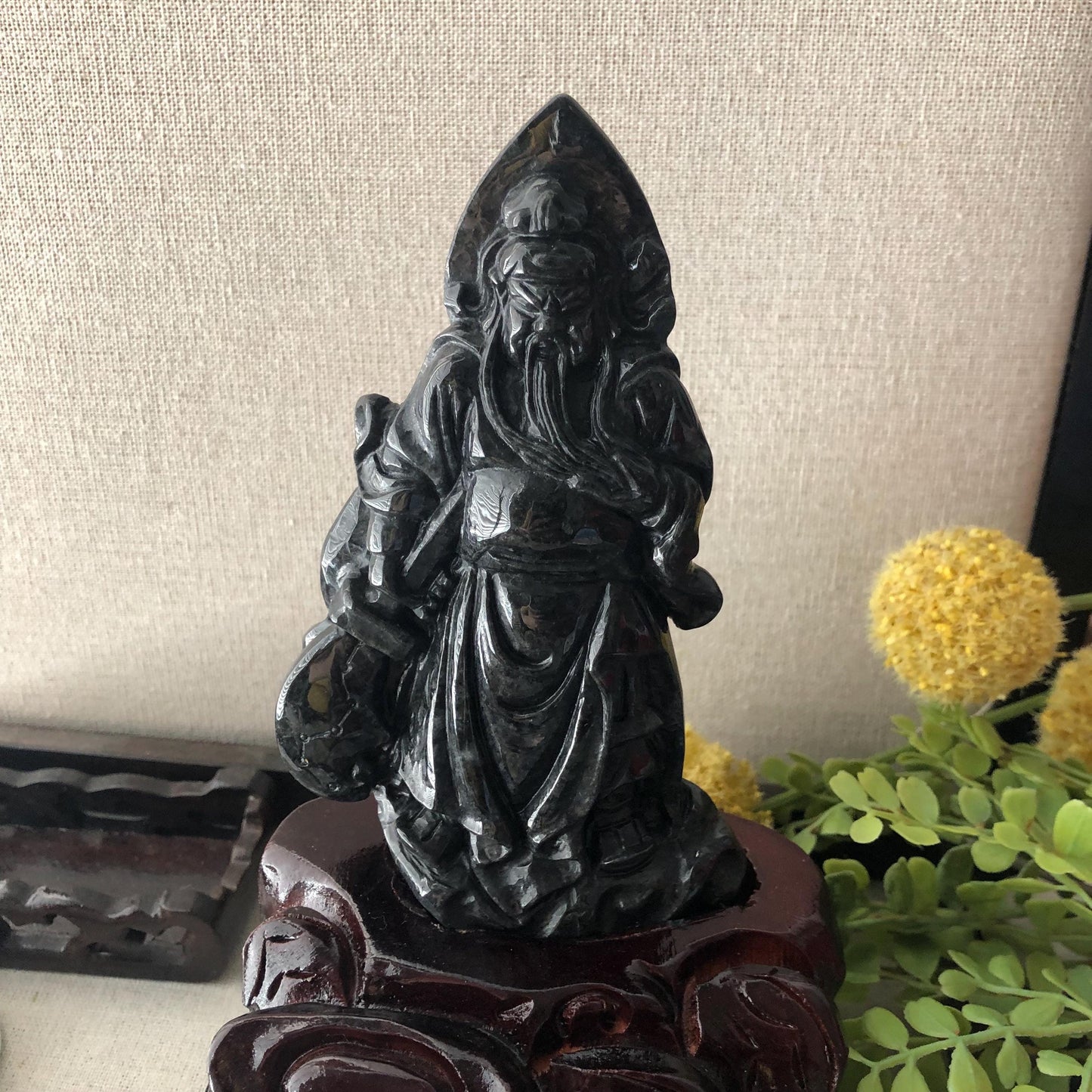 130mm Wuji Black Jadeite Jade Carved Guan Er Yeh 關二爺 Statue Display RARE