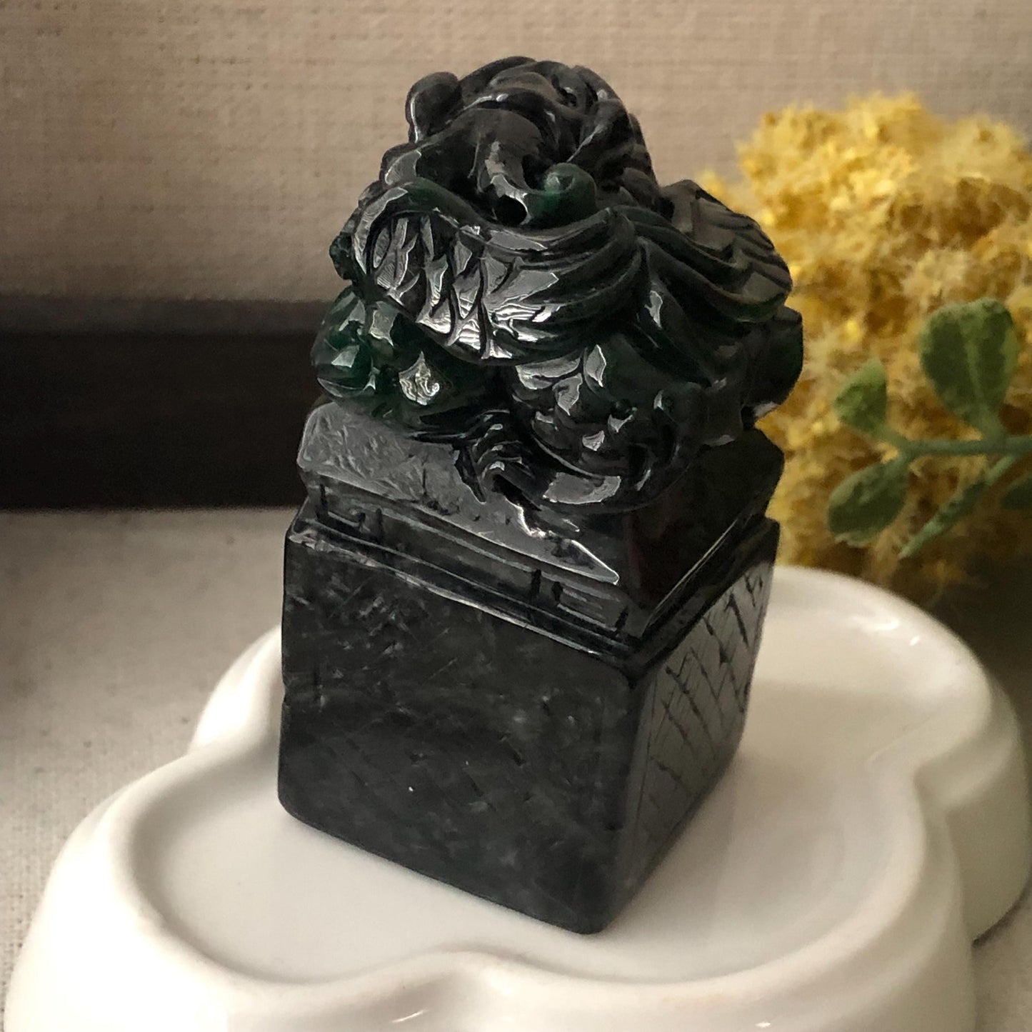 56.3mm Wuji Green Black Jadeite Jade Carved Dragon Statue Display RARE