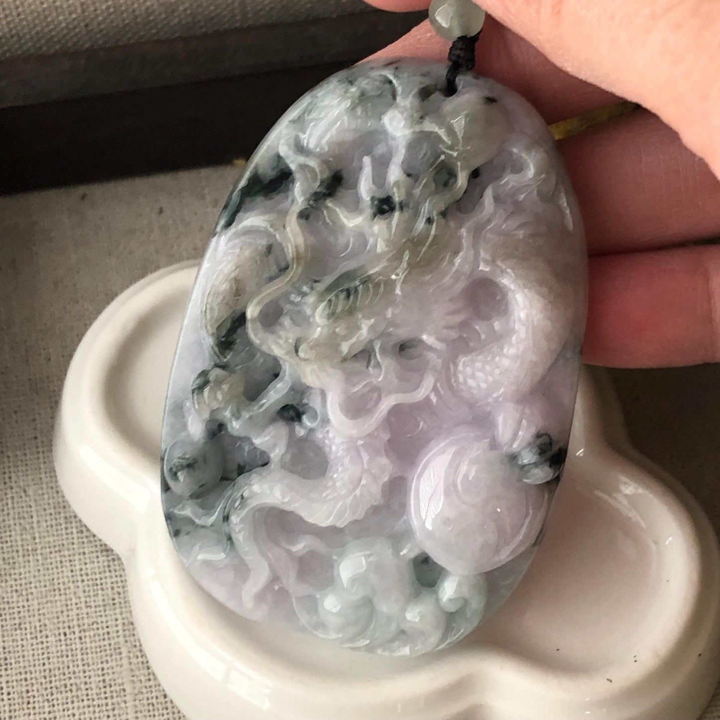 66.8mm Green Float Flowers Jadeite Jade Carved Dragon Pendant