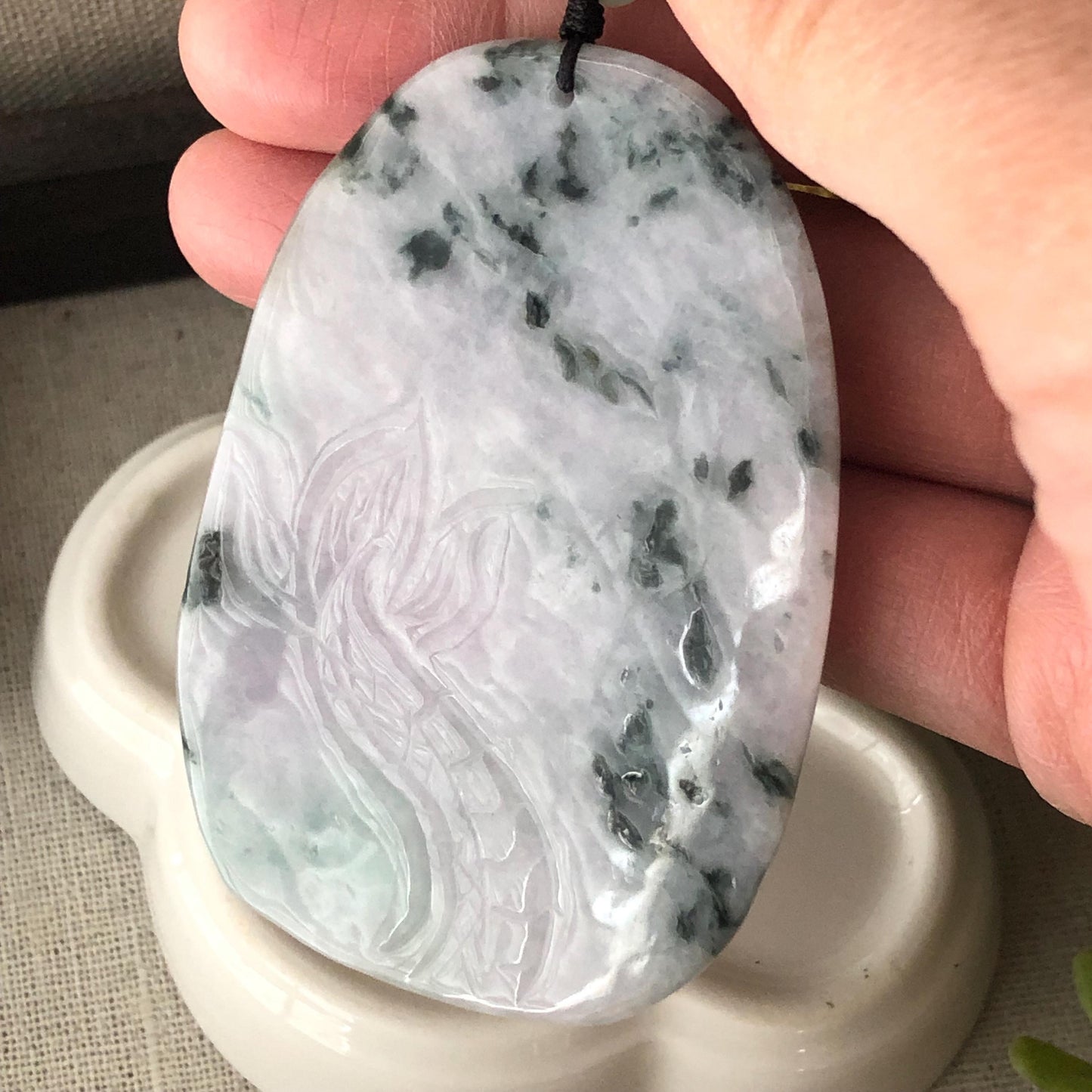 66.8mm Green Float Flowers Jadeite Jade Carved Dragon Pendant